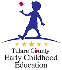 child walk tossing a red apple into the air with 5 gold stars under the image and the words saying Tulare County Early Childhood Education underneath
