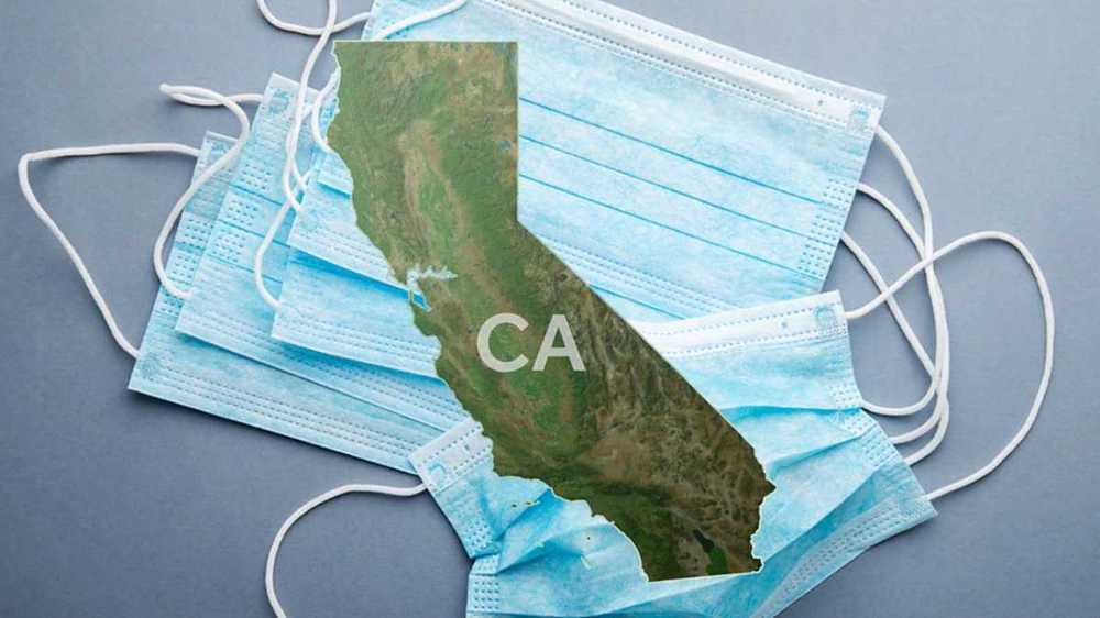 The image of the state of California on top of blue face masks.