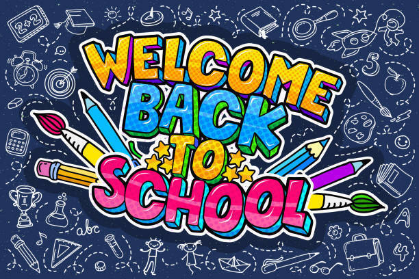 Pencil, crayons, paint brushes with Welcome Back to School