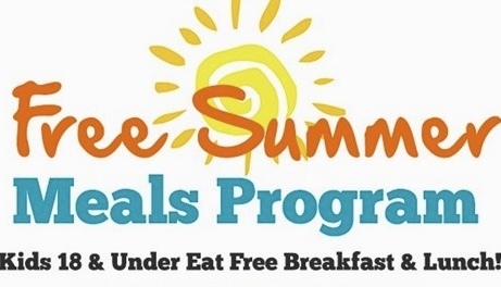 Free Summer Meals program. Kids 18 and under eat free breakfast and lunch! with a yellow sun in the background